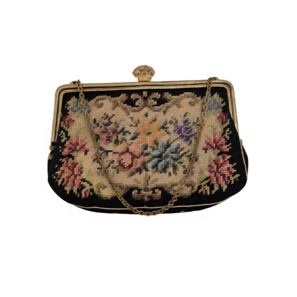 Vintage 1940s Petit Point Needlepoint Floral Evening Clutch Made Czechoslovakia